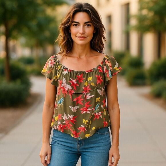 Maeve Anthropologie Green Floral Off-Shoulder Blouse M Ruffle Tunic - Picture 1 of 6